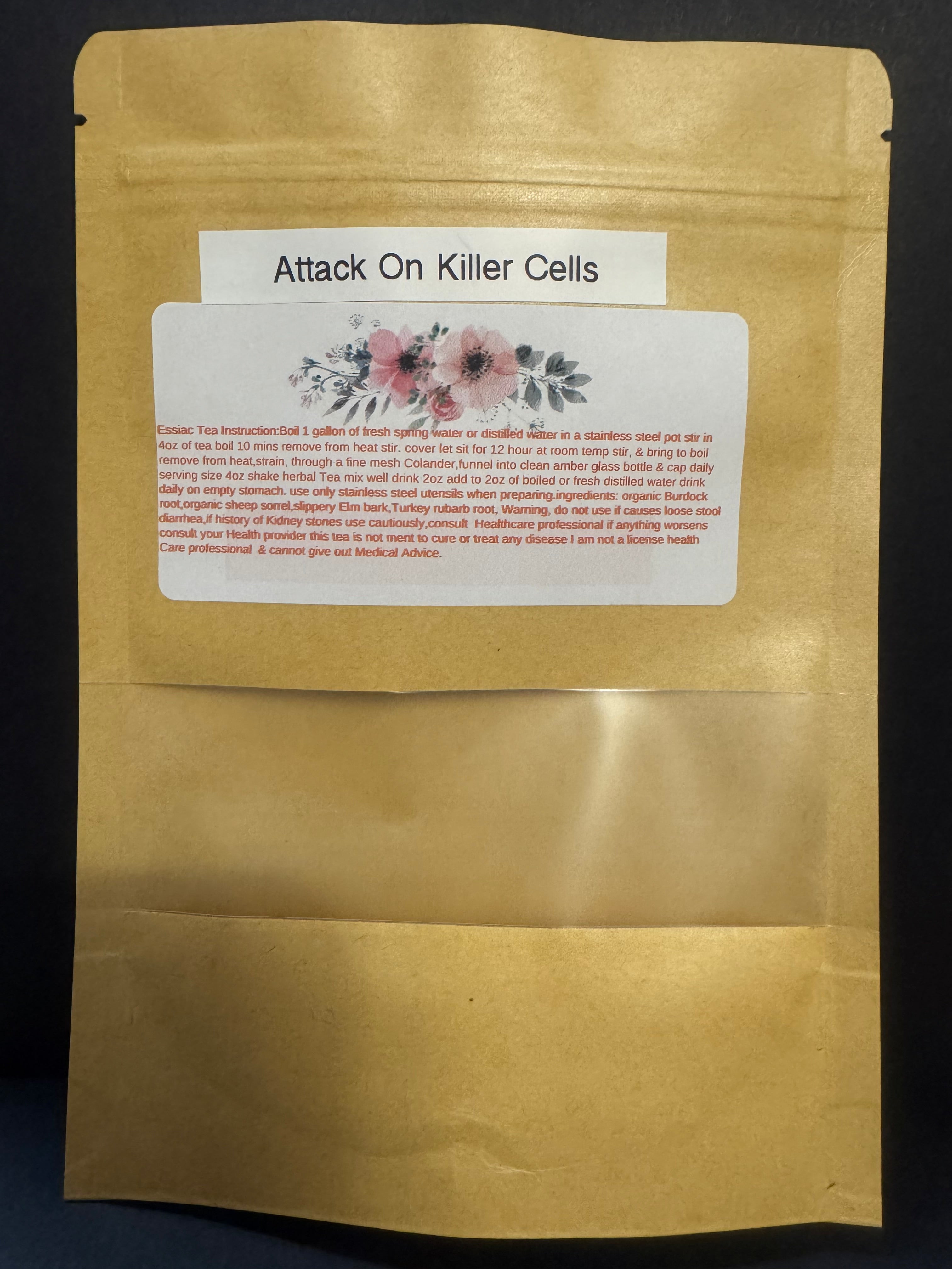 My Attack On Killer Cells Tea, ingredients, Organic burdock root, Indian, Turkey rhubarb root sheep sorrel, and slippery elm bark and soursop